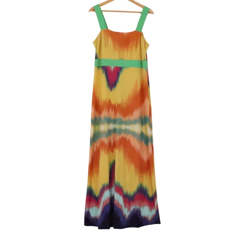 Vintage Y2K City Fusion Maxi Dress Size L Yellow Orange Ikat Chevron Psychedelic